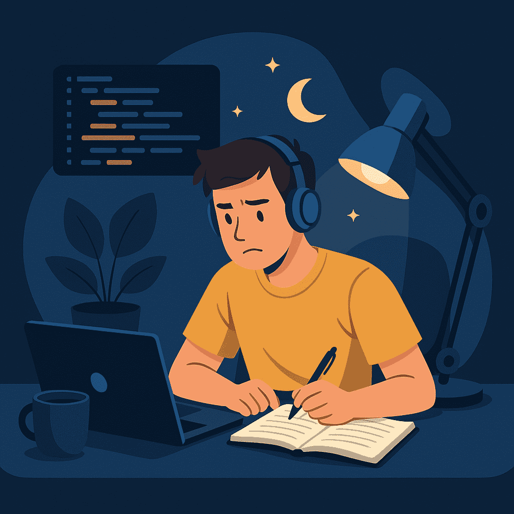 Mlada osoba sedi za radnim stolom kasno uveče, uči programiranje uz laptop i beležnicu, sa slušalicama na glavi, okružena šoljom kafe, saksijom i stolnom lampom, dok se mesec i zvezde vide kroz prozor.