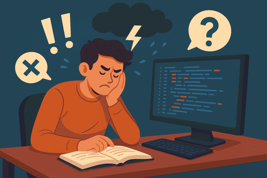 Mladić sedi za stolom s otvorenom knjigom ispred sebe i zamišljenim izrazom lica, dok na ekranu ispred njega stoji ispisan programski kod. Iznad njegove glave lebde simboli konfuzije i frustracije poput upitnika, uskličnika, krstića i tamnog oblaka sa munjom, koji vizuelno dočaravaju poteškoće u učenju programiranja.