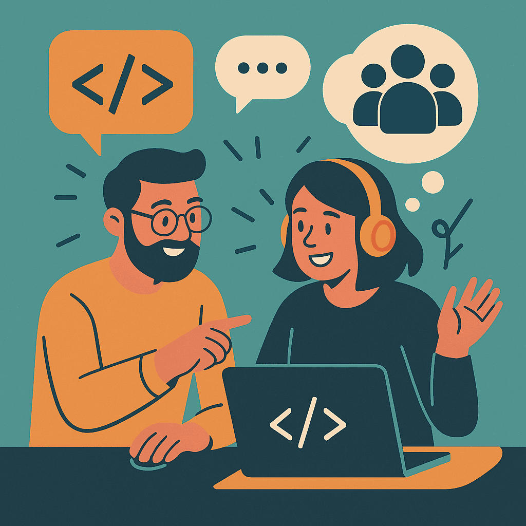 Ilustracija prikazuje dvoje mladih programera kako zajedno rade za računarom. Muškarac s bradom i naočarima pokazuje prstom na ekran dok žena sa slušalicama tipka i smeši se. Oko njih su simboli zajednice, komunikacije i koda, što simbolizuje vrednost timskog učenja i podrške u IT zajednici.