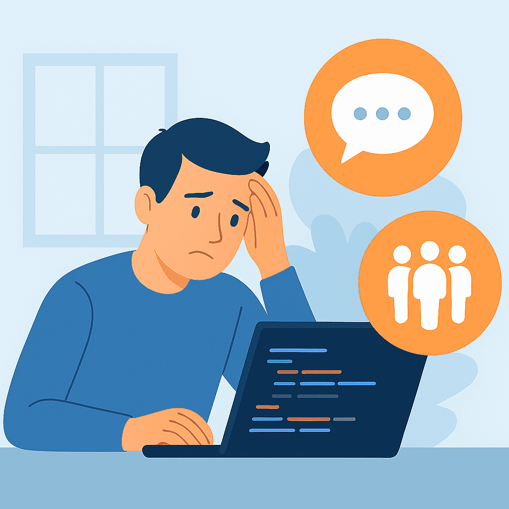 Mladi čovek sa laptopom razmišlja o kodiranju, u krugu pored njega su simboli za meke veštine komunikacije, timskog rada, prilagodljivosti i emocionalne inteligencije.