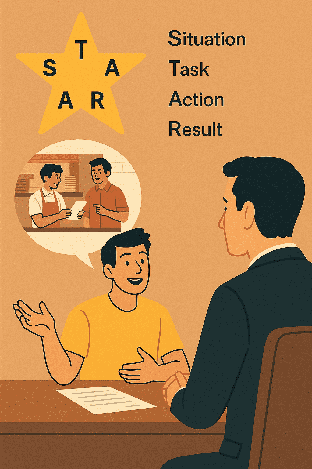 Ilustracija prikazuje intervju za posao između kandidata u žutoj majici i regrutera u tamnom odelu. U gornjem levom uglu nalazi se žuta zvezda sa slovima S, T, A i R, koja simbolizuju STAR metod (Situation, Task, Action, Result). Pored zvezde su ispisana puna značenja akronima. Kandidat govori dok se iznad njega prikazuje scena iz picerije kao sećanje, dok objašnjava primer rešavanja konflikta.
