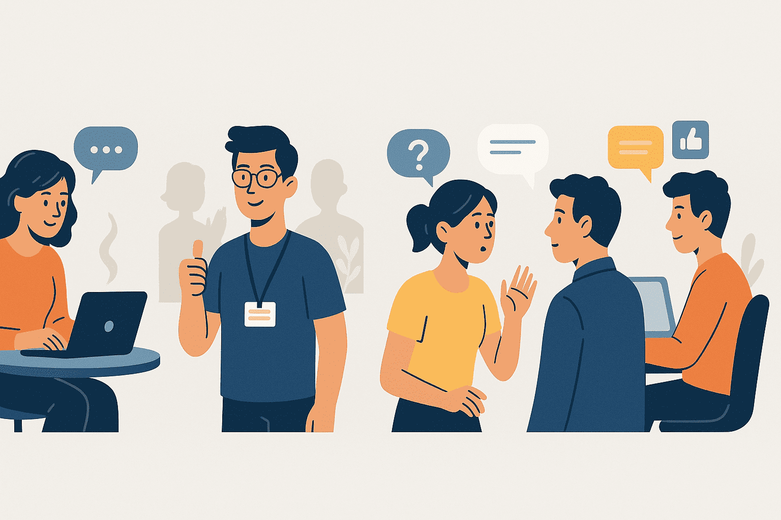 lustracija u četiri panela prikazuje ljude u svakodnevnim aktivnostima koje razvijaju soft veštine: jedna osoba piše na laptopu u kafiću, druga volontira sa akreditacijom i gestikulira sa osmehom, treća vodi aktivan razgovor postavljajući pitanje, dok četvrta učestvuje u timskoj komunikaciji ispred računara. Scene simbolizuju blogovanje, volontiranje, aktivno slušanje i digitalnu saradnju.