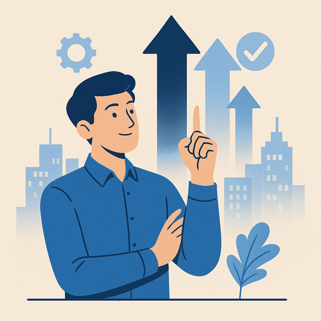 Ilustracija muškarca u plavoj košulji koji pokazuje ka tri strelice koje se uzdižu u pozadini, simbolizujući rast karijere i perspektivu u IT sektoru. U pozadini se nalaze stilizovane zgrade i digitalni simboli u nijansama plave.