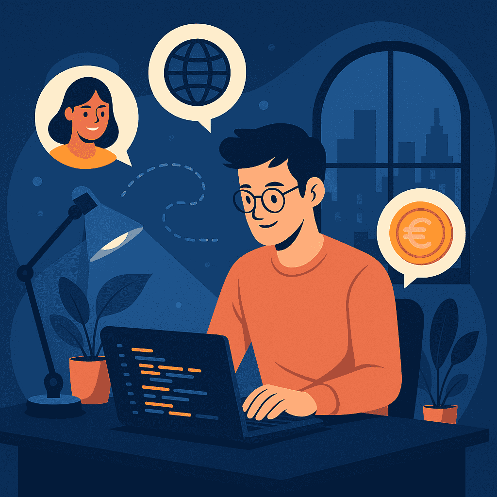 Ilustracija prikazuje freelance programera kako noću radi za laptopom iz svoje kućne kancelarije, dok komunicira sa klijentima iz celog sveta, uz prikaz simbola globalne mreže i novčića u oblačićima.