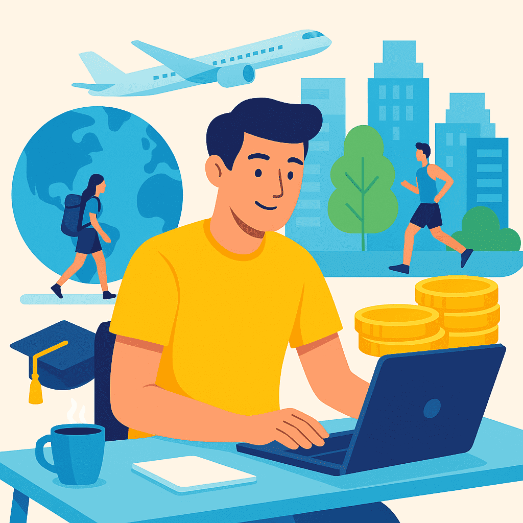 Mlada osoba sedi za radnim stolom sa laptopom, dok su oko nje simboli uspešnog života – novčići, diploma, kafa, trkač, putnica sa rancem, avion i gradski pejzaž, koji zajedno prikazuju ravnotežu između finansijske stabilnosti, ličnog razvoja i slobode koju pruža IT karijera.