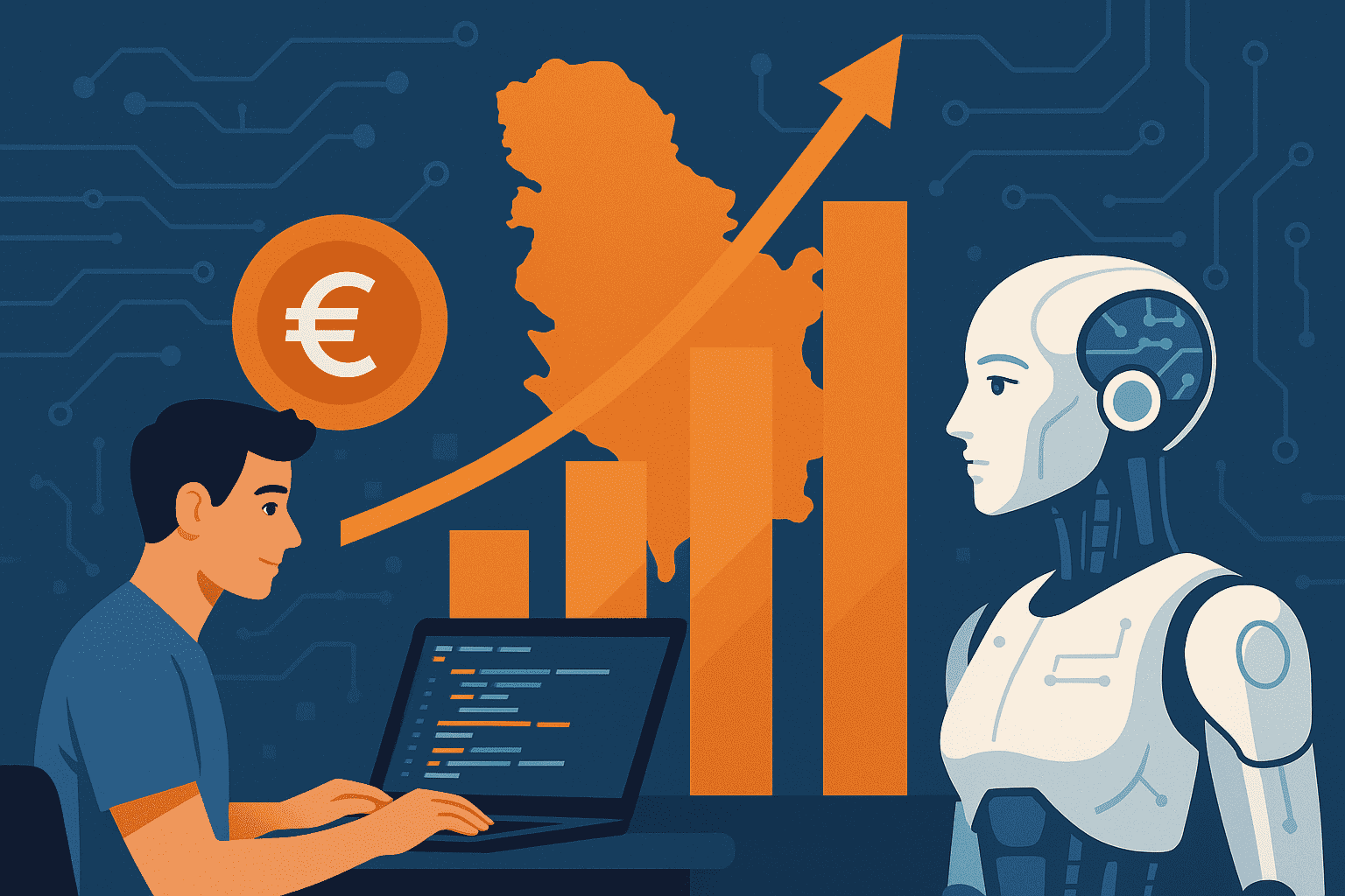 Ilustracija prikazuje mladog programera kako radi na laptopu ispred grafikona sa rastućim stubovima i strelicom koja simbolizuje rast plata. U pozadini je mapa Srbije, dok s desne strane stoji humanoidni robot, što simbolizuje tehnološki napredak i povezanost sa globalnim trendovima.