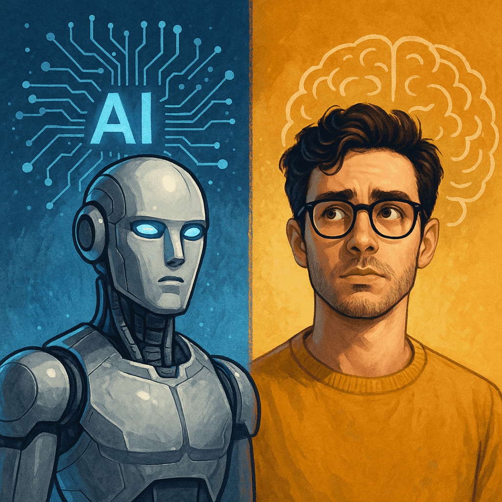 Ilustracija prikazuje kontrast između čoveka i robota. Na levoj strani nalazi se futuristički humanoidni robot sa plavim svetlima i pozadinom ispunjenom elektronskim kolima i natpisom "AI". Na desnoj strani stoji mladić sa naočarima, odeven u žuti džemper, zamišljeno gleda u stranu, dok se iza njega nalazi ilustracija mozga. Vizual simbolizuje razliku između veštačke inteligencije i ljudske svesti, empatije i karaktera.