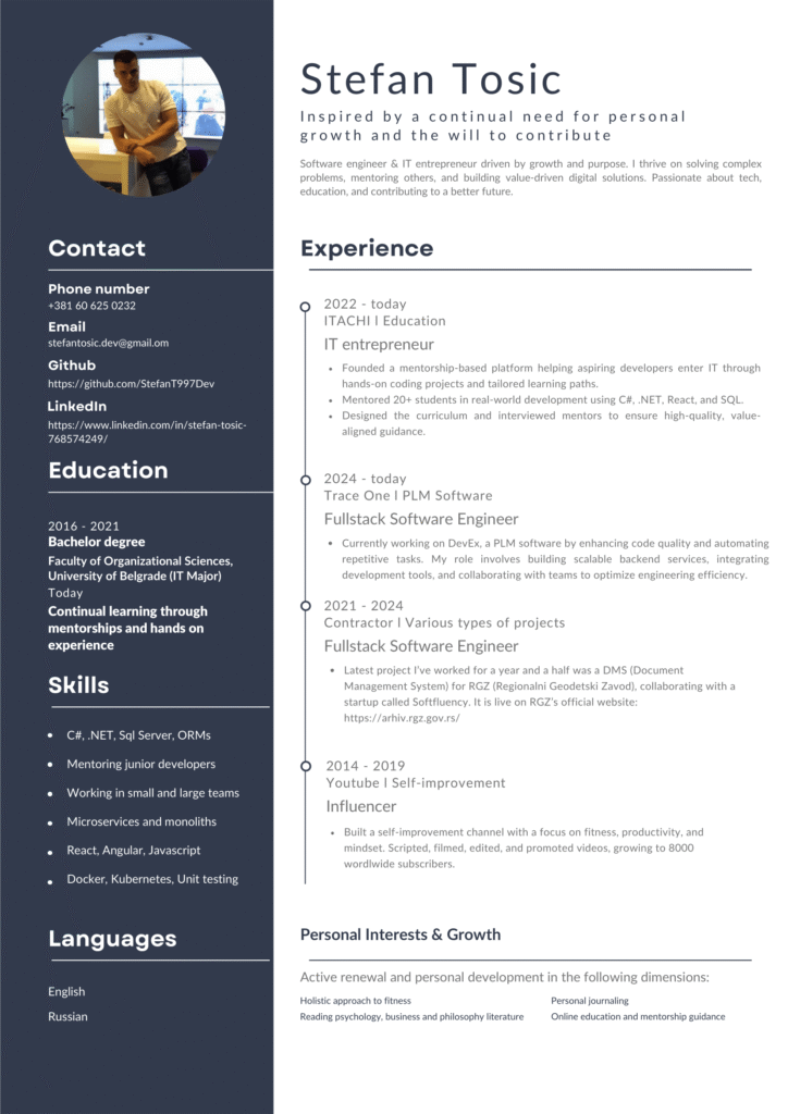 CV primer - Fullstack Software Engineer i Osnivač ITACHI-ja