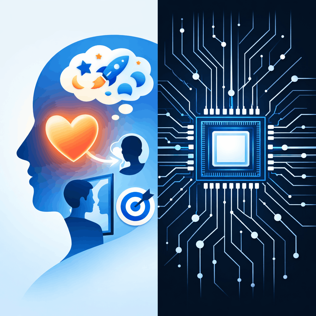 Minimalistička ilustracija podeljena vertikalno na dva jednaka dela. Leva strana prikazuje ljudsku inteligenciju kroz siluetu glave u toplim tonovima, unutar koje se nalaze simboli empatije (sjajno srce povezano sa drugom osobom), mašte (oblačić sa apstraktnim oblicima i zvezdama), samosvesti (osoba ispred ogledala) i namere (strelica koja gađa metu). Desna strana prikazuje veštačku inteligenciju kao precizan mikročip okružen simetričnim linijama i čvorovima, u hladnim, tamnim tonovima. Ilustracija naglašava kontrast između topline i organskog ljudskog razmišljanja i hladne, mehaničke preciznosti AI sistema.
