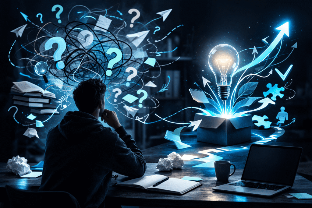Osoba sedi za radnim stolom u tamnom okruženju, okružena zgužvanim papirima, otvorenom sveskom i laptopom, dok iznad nje lebdi haotična mreža linija i upitnika u plavim tonovima. Sa druge strane stola svetli otvorena kutija iz koje izlazi sijalica i jasna putanja sa strelicama, slagalicama i simbolima rasta, predstavljajući prelazak iz konfuzije ideje u jasno definisano rešenje problema.