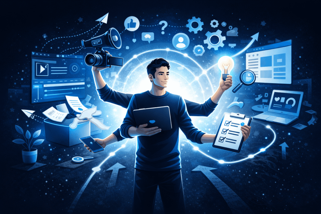 Preduzetnik stoji u centru tamne pozadine okružen svetlećim kružnim linijama dok sa više ruku istovremeno drži tablet, kameru, sijalicu, pametni telefon i ček listu. Oko njega lebde simboli marketinga, analitike, produkcije i planiranja, uz ekrane, zupčanike i strelice rasta, predstavljajući sposobnost jedne osobe da pokrije više poslovnih uloga istovremeno.