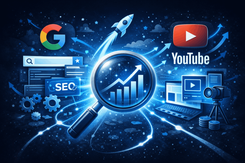 Velika lupa u centru tamne digitalne pozadine uveličava grafikon sa rastućim kolonama i strelicom, dok se oko nje šire svetleće linije koje povezuju pretraživač, video plejer, kameru i analitičke zupčanike. Ekrani, novčići i strelice rasta simbolizuju organski saobraćaj i dugoročni efekat SEO sadržaja koji privlači publiku sa različitih platformi.